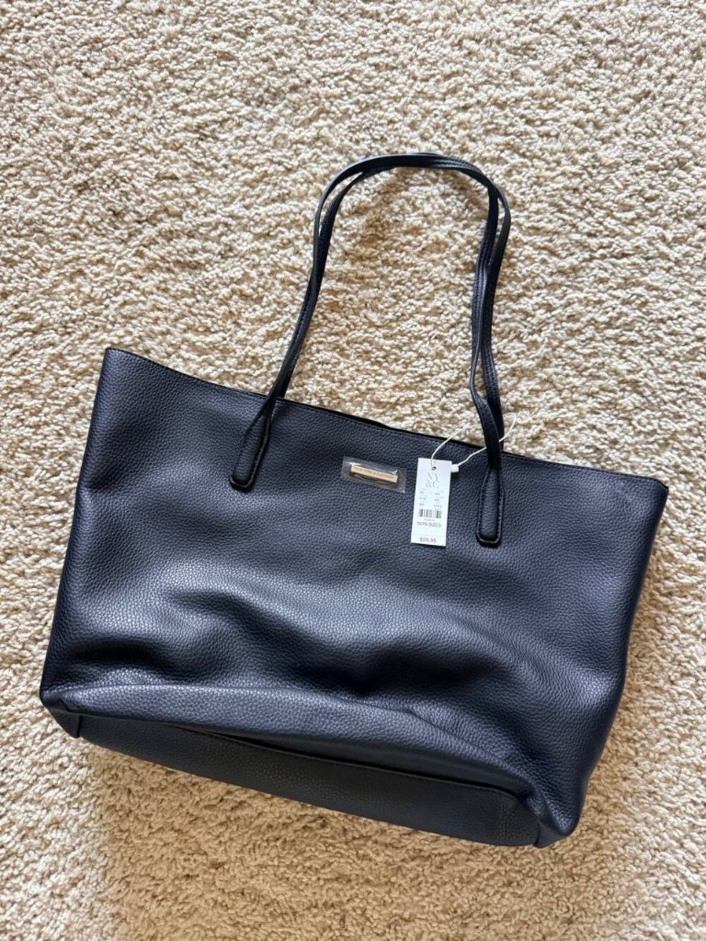 NWT New York & Company Black Pebbled Faux Leather Zipper Tote Bag MSRP $60